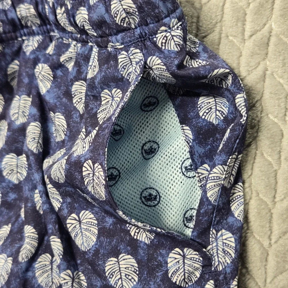 Peter Millar Seaside Mens Blue Monstera Leaf Print Swim Trunks Size Large